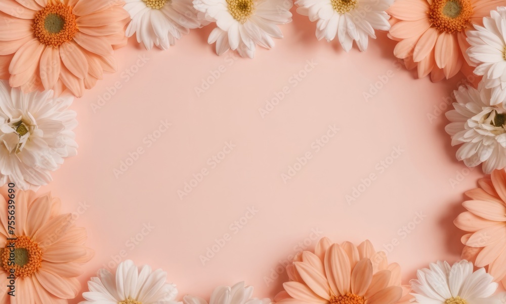Flatlay Romantic spring flowers peach fuzz color  with space for text.Valentine's Day, Easter, Birthday, Happy Women's Day, Mother's Day concept.