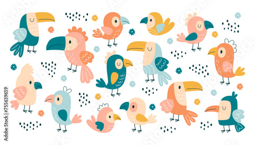 Charming exotic birds, childish colorful parrots, toucans jungle inhabitant set vector illustration