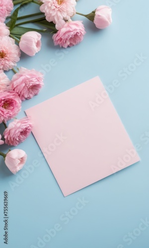 Flatlay Romantic spring flowers pink and white color with space for text. at blue background.Valentine's Day, Birthday, Happy Women's Day, Mother's Day concept.