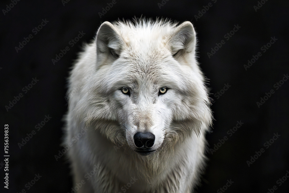 Scary white wolf direct eye contact