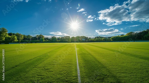 Empty cricket pitch with green surface and detailed pitch markings under a bright, sunny sky. photo