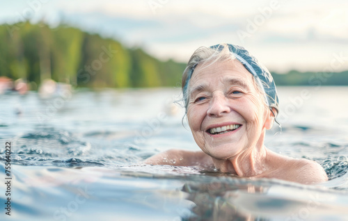 Candid photo of a joyful senior woman swimming in the lake. Happy aged woman joyfully in the water. Retired woman having fun on a sunny day. Active older lifestyle.  © Victor