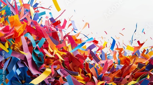 Explosion of colorful paper scraps against a stark white background, symbolizing creativity and chaos.