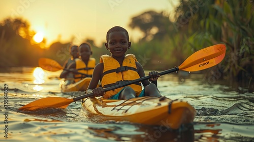 Portrait of a happy young African boy doing kayaking in river by himself with a big blurry backdrop with a big space for text or product, Generative AI. © Electric Wolf