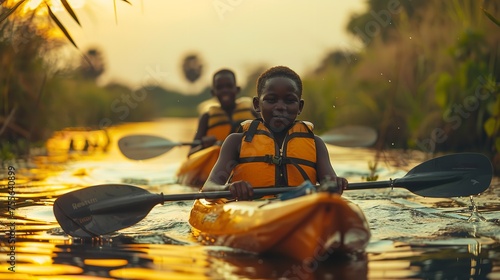 Portrait of a happy young African boy doing kayaking in river by himself with a big blurry backdrop with a big space for text or product, Generative AI. © Electric Wolf