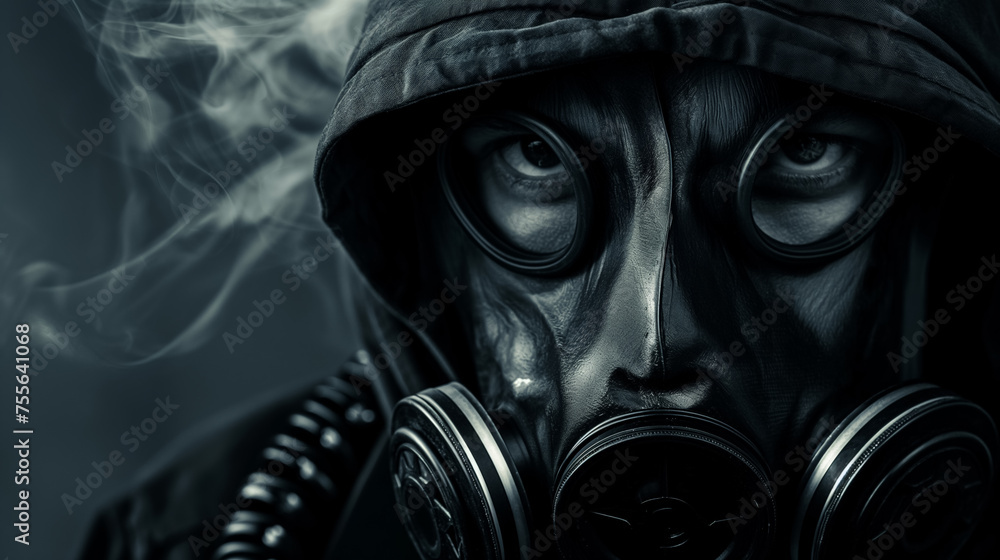 Person in gas mask with smoke.