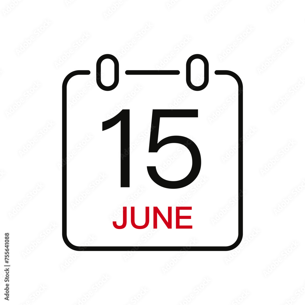 June 15 date on the calendar, vector line stroke icon for user interface. Calendar with date, vector illustration. June 15 date on the calendar, vector line stroke icon for user interface. Calendar with date, vector illustration.