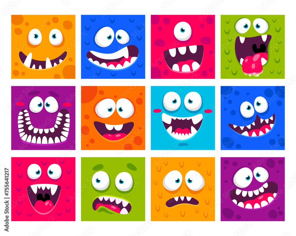 Colorful cartoon square monster scary faces masks with creepy mouth and eyes vector illustration