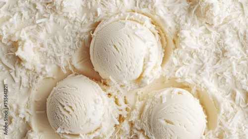 Close-up of Delicious Coconut Ice Cream Detail Texture: Ice Cream Balls with Coconut Flakes Background. Top View, From Above