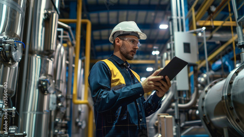 Against the backdrop of gleaming stainless steel and high-tech equipment, the engineer in a hard hat conducts a thorough inspection of the production line, his tablet serving as a