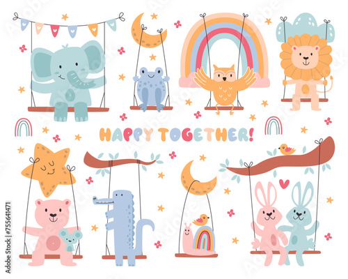 Happy cute childish animals cartoon characters riding swings enjoying playful time outdoors