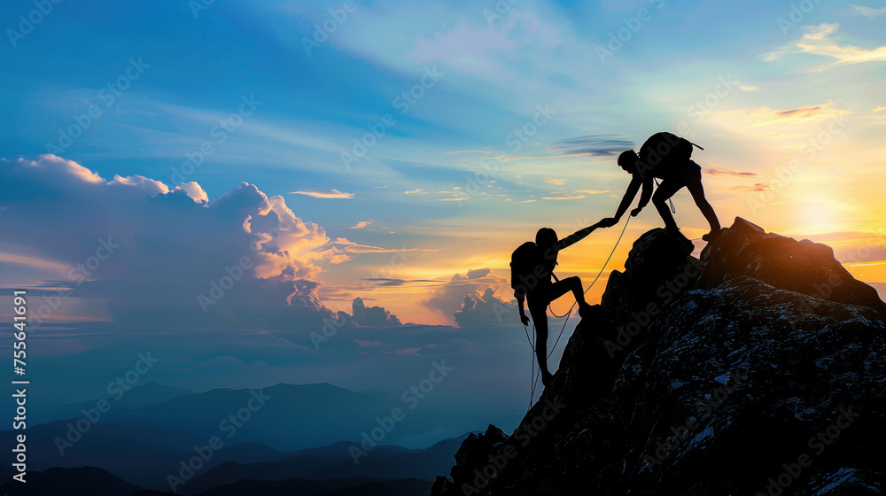 Two people are climbing a mountain together. One of them is holding a rope. The sky is blue and the sun is setting. Generative AI.
