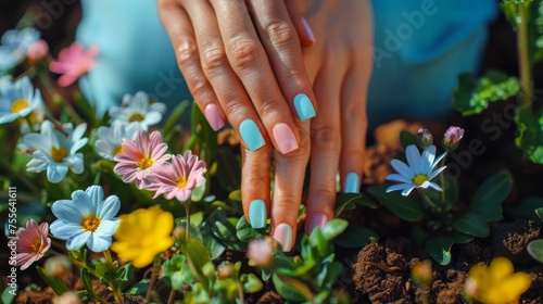 Female hands planting spring flowers, with nails painted in Easter-themed pastel shades. photo