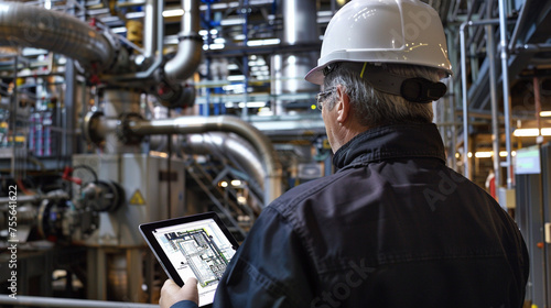 Amidst the symphony of activity in the high-tech production facility, the engineer in a hard hat utilizes his tablet to access digital blueprints and schematics, conducting a compr photo