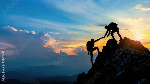 Obraz na płótnie Two people are climbing a mountain together. One of them is holding a rope. The sky is blue and the sun is setting. Generative AI. w salonie