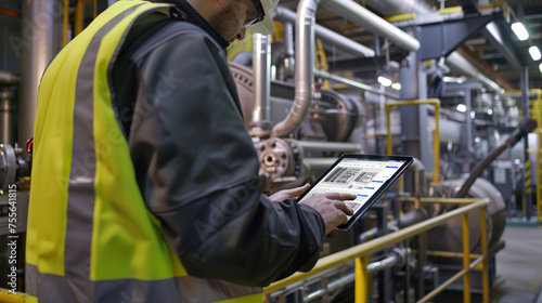 Against the backdrop of gleaming machinery and high-tech equipment, the engineer in a hard hat conducts a meticulous review of the scope of work, his tablet providing him with acce