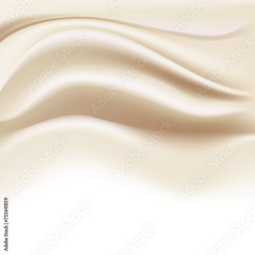 Satin waves texture abstract background with light creamy color, realistic vector illustration
