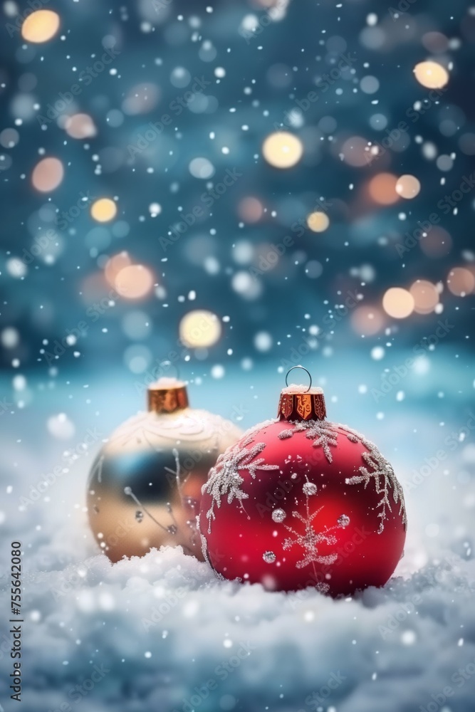 Fototapeta premium Christmas snowy landscape, festive ornaments, and dreamlike holiday atmosphere in dark teal, light red and blue, serene visuals, Christmas, background, copy space, Generative AI.