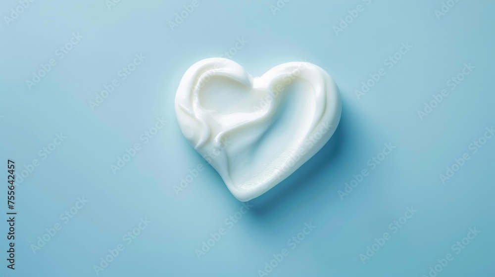 Gentle white skincare lotion in a heart shape on a soft baby blue background