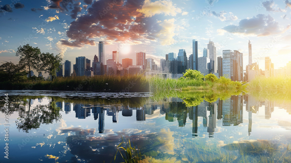 A split-screen image of a cityscape and nature scene, showcasing the urban-nature duality