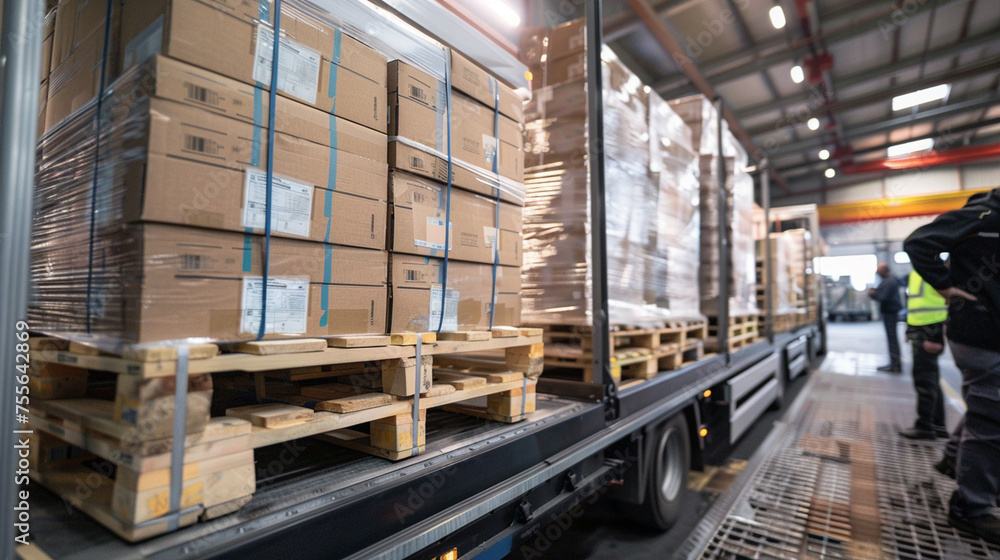 With the mechanical whirr of the loading equipment in the background, pallets laden with boxes are hoisted into the back of a waiting truck, each crate lowered with care to ensure With the mechanical whirr of the loading equipment in the background, pallets laden with boxes are hoisted into the back of a waiting truck, each crate lowered with care to ensure