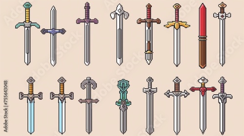 (16) icons. 8-Bit Blade of Nostalgia: A Pixel Art (Retro Style) Swords photo