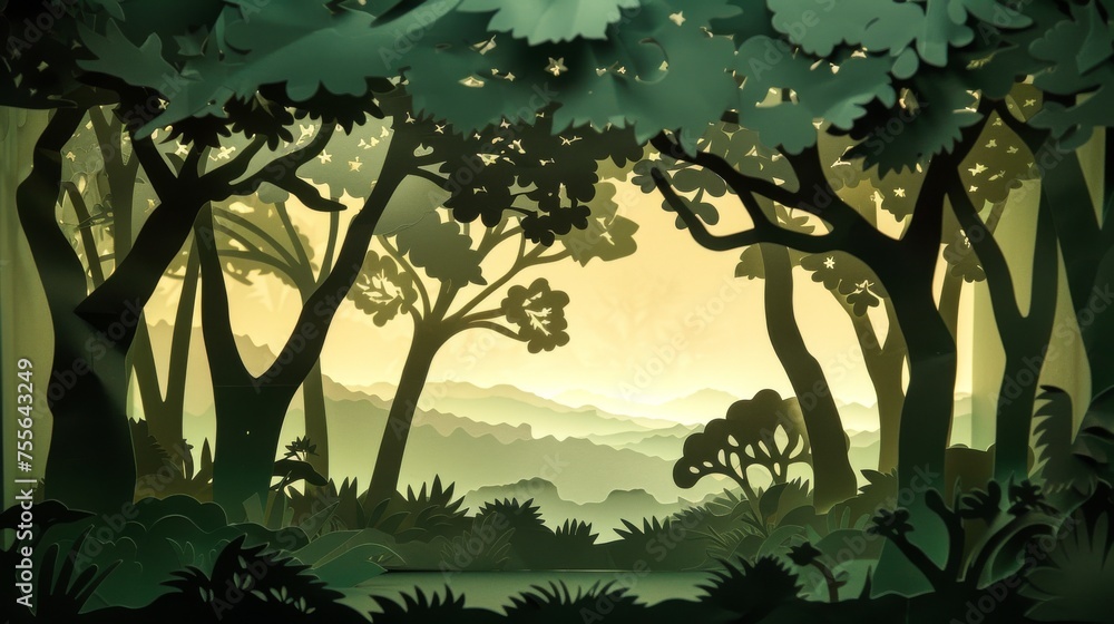 Landscape of paper silhouettes depicting a peaceful forest scene in shades of green and brown.