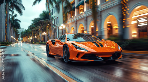 luxury orange sports car drives fast on road in the city at resort with palm trees. Motion blur © alexkoral