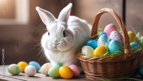 Easter bunny and colorful eggs in a basket on a wooden background