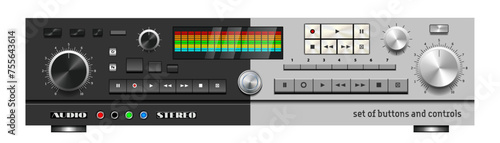 Vector set of dark and light tape recorder, player buttons and controls. Collection of products for the mixing console. Equalizer screen. Gadget or device panel.