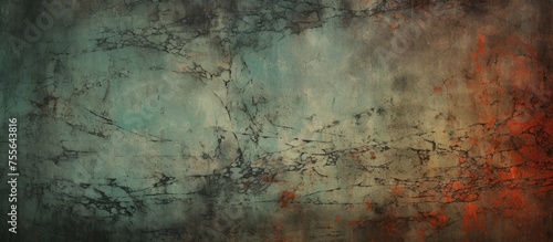 This painting features a textured red and black grunge background with a vintage, shabby surface showing cracks and chips. The contrasting colors create a dynamic and bold visual impact.