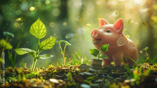 A piggy bank planting coins in a magical garden, watching as they grow into towering money trees