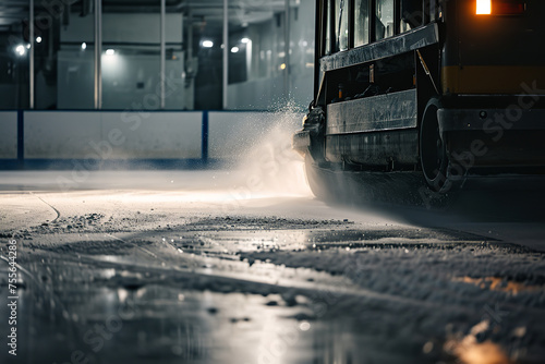 A Zamboni methodically preparing the ice surface between hockey periods - showcasing the essential rink maintenance and behind-the-scenes work to ensure smooth gameplay. photo