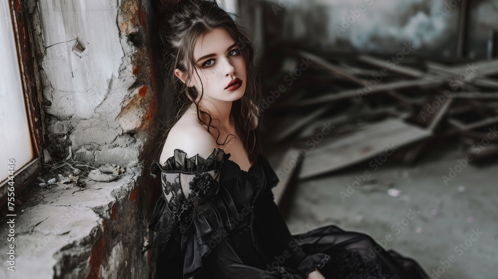 Goth inspired fashion woman in an abandoned industrial setting. Mental health, depression mood. Goth inspired fashion woman in an abandoned industrial setting. Mental health, depression mood.
