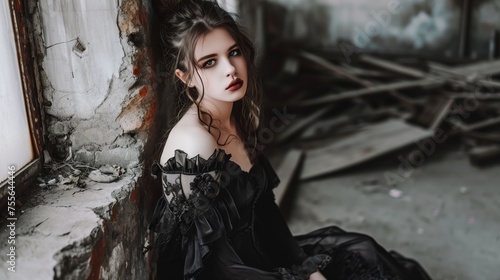 Goth inspired fashion woman in an abandoned industrial setting. Mental health, depression mood.