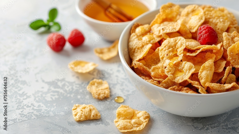 Healthy american breakfast cornflakes with berries and honey on white background with copy space Healthy american breakfast cornflakes with berries and honey on white background with copy space