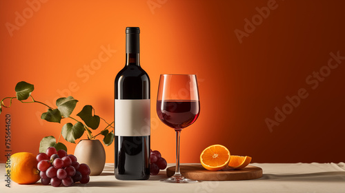 Bouteille de vin et verre de vin. Orange et grappes de raisin, sur fond orange. Gastronomie, oenologie, vin rouge. Espace vide pour conception et création graphique.
