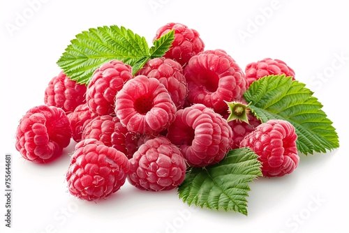 a pile of raspberries with leaves