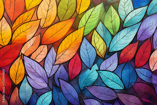 Colorful leaf pattern glass background image.