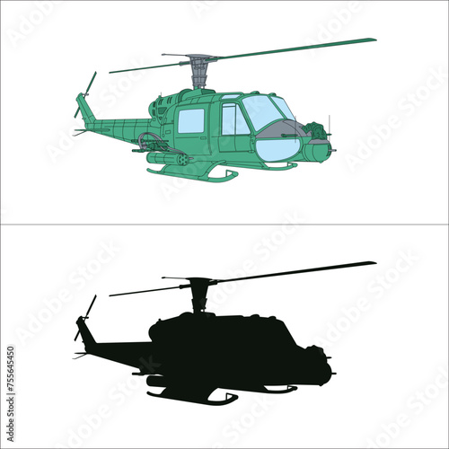 Beyaz zemin üzerinde helikopter. yan görünüm. renkli ve siyah. Vektör ve illüstrasyonu. Translation: Helicopter on white background. side view. colored and black. Vector and illustration