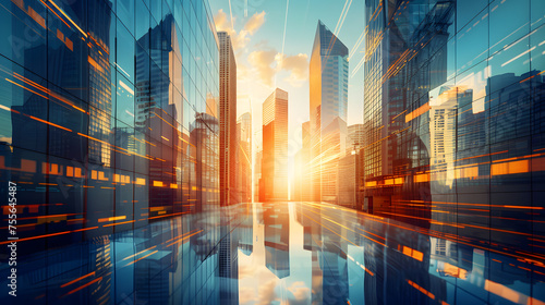 Picture of modern skyscrapers of a smart city  futuristic financial district with buildings and reflections   blue color background for corporate and business template with warm sun rays of light