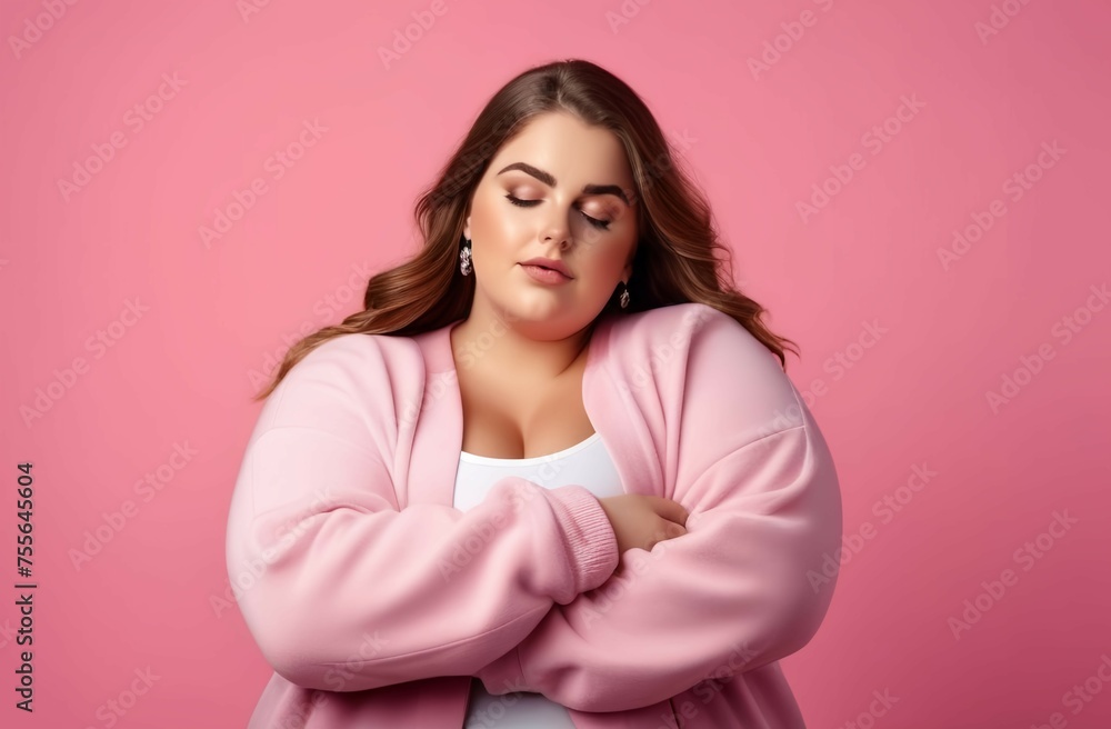 Plus size chubby woman on pink background. Beautiful large woman portrait in pink colors Plus size chubby woman on pink background. Beautiful large woman portrait in pink colors