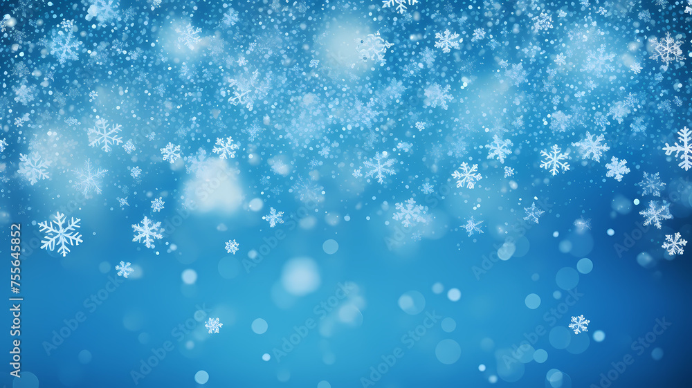 abstract blue background with bokeh lights and falling snowflakes