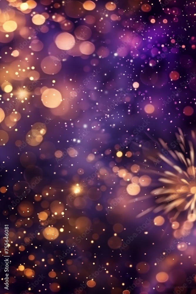 Purple and gold explosions fire works and bokeh backdrop for new year's celebrations, confetti-like dots and dark purple themes. Copy space. Abstract background holiday . AI generative.