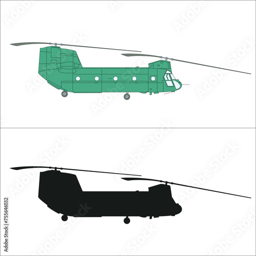Helicopter on white background. side view. colored and black. Vector and illustration
