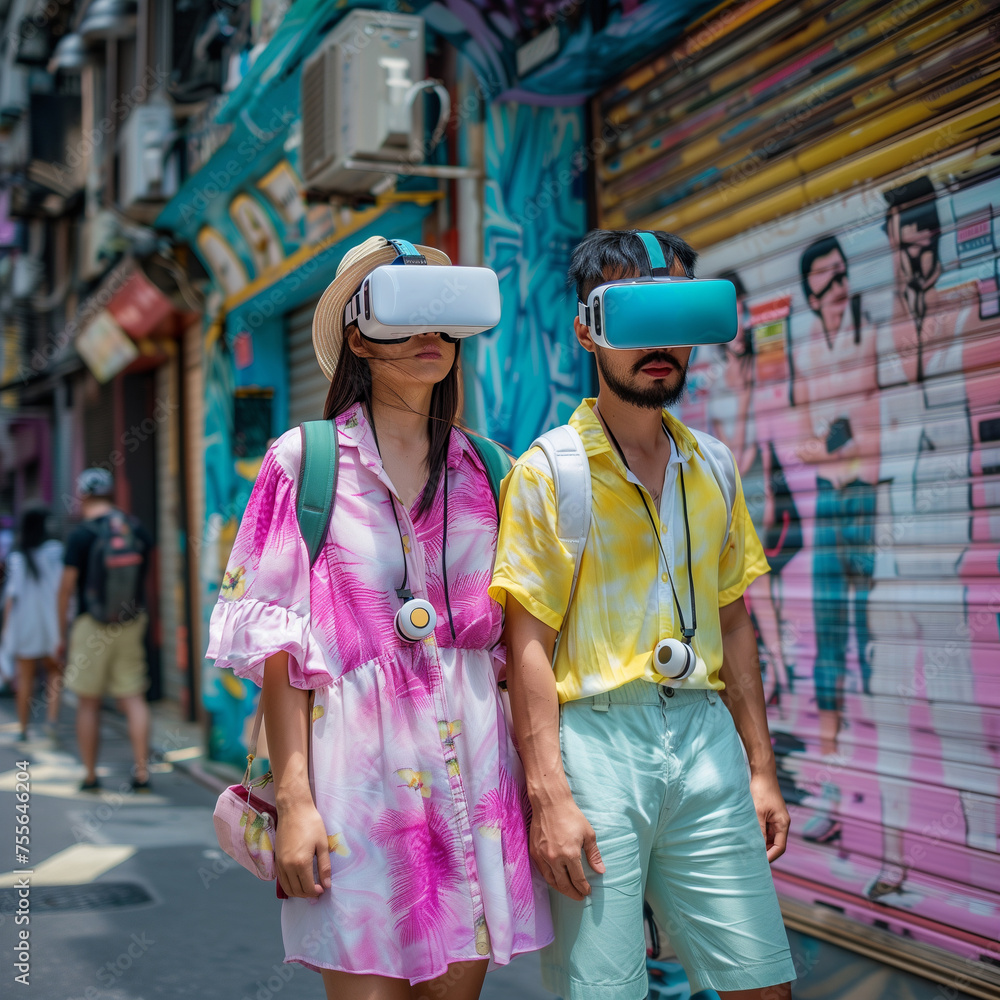 Couple walk and explore the city using new vr glasses.