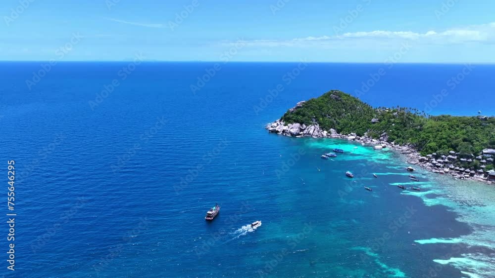 Aerail view with tourist boat of the tropical seashore island in turquoise sea Amazing nature landscape Aerail view with tourist boat of the tropical seashore island in turquoise sea Amazing nature landscape