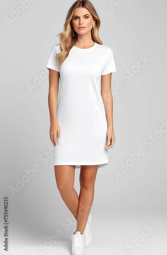 Woman in white short dress on light background. Photo mockup of white dress on woman