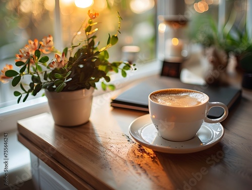 A white coffee cup sits on a white plate on a wooden table