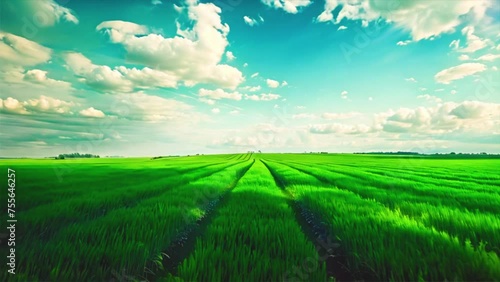 Animation of green field and clear sky. photo